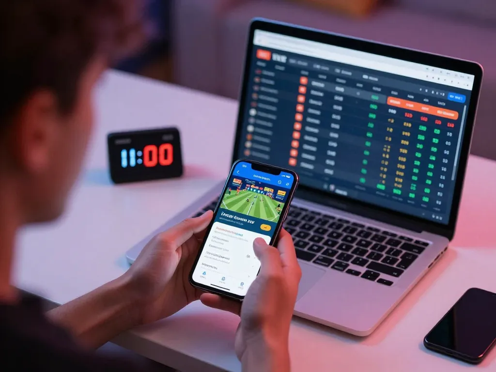 Engaging in live sports betting on 7m app with smartphone and laptop in modern workspace