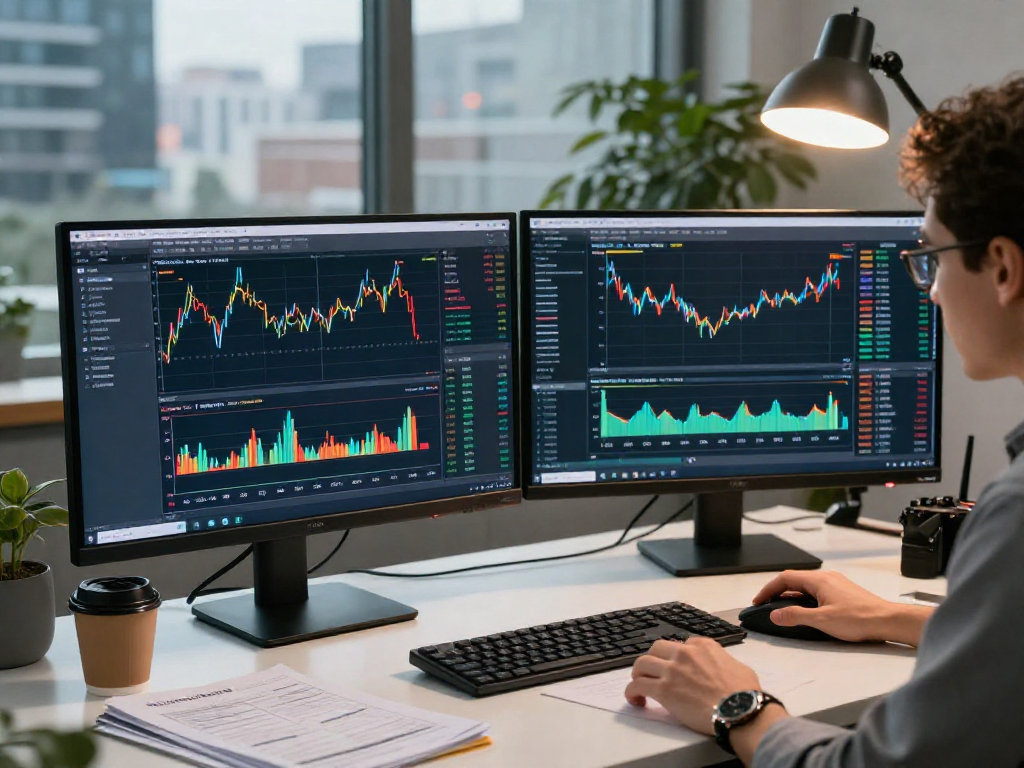 Escenario de trabajo moderno con un operador de Immediate Edge revisando análisis de mercado.