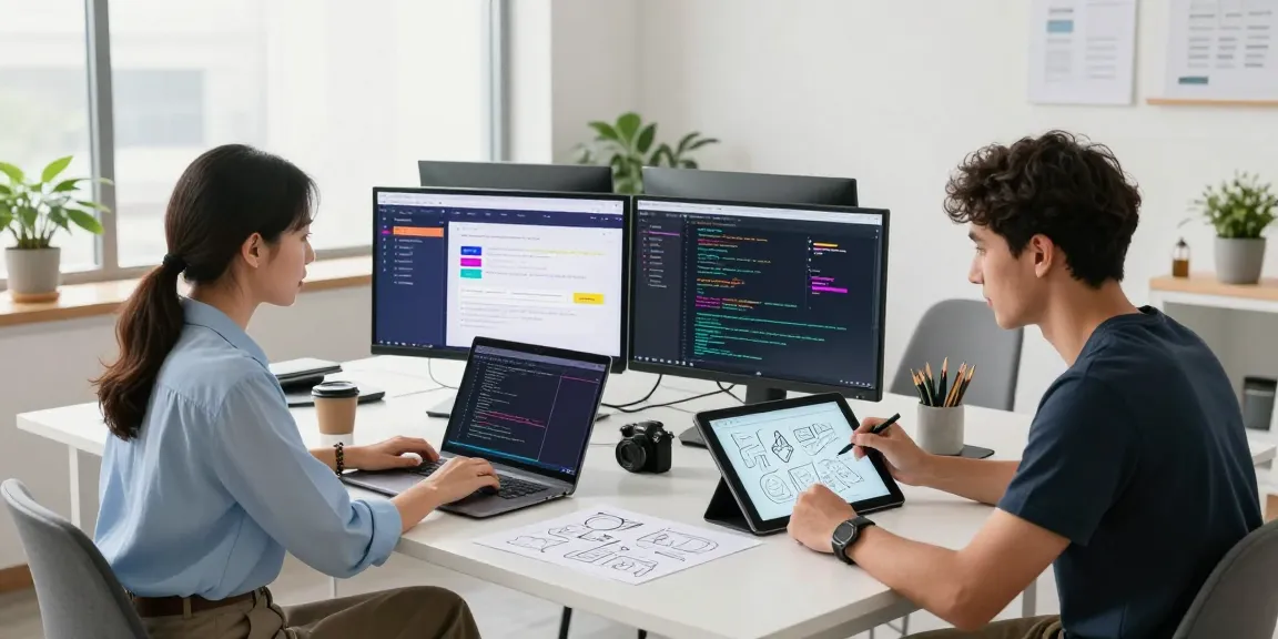 Collaboration at a web development company in Malaysia, showcasing diverse developers working on design and code in a modern office.