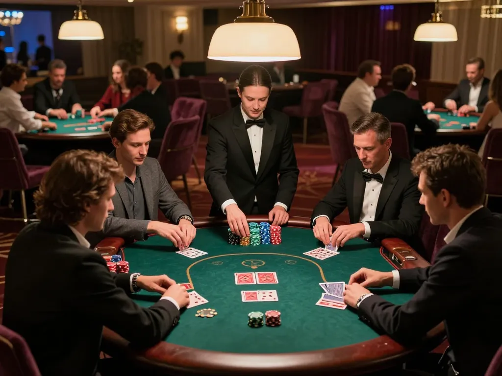 Players engaged in a high-stakes poker game at GG88 casino, vibrant chips and intense focus.