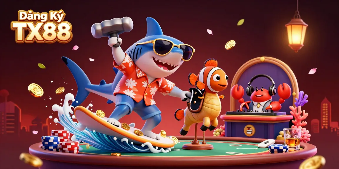 Engage with Đăng Ký TX88 as a shark and friends enjoy a colorful gaming adventure.