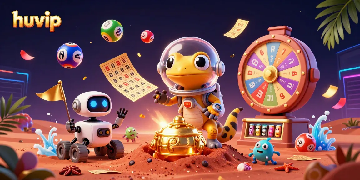 Exciting huvip casino adventure with a Martian gecko exploring a golden casino, surrounded by vibrant game symbols.