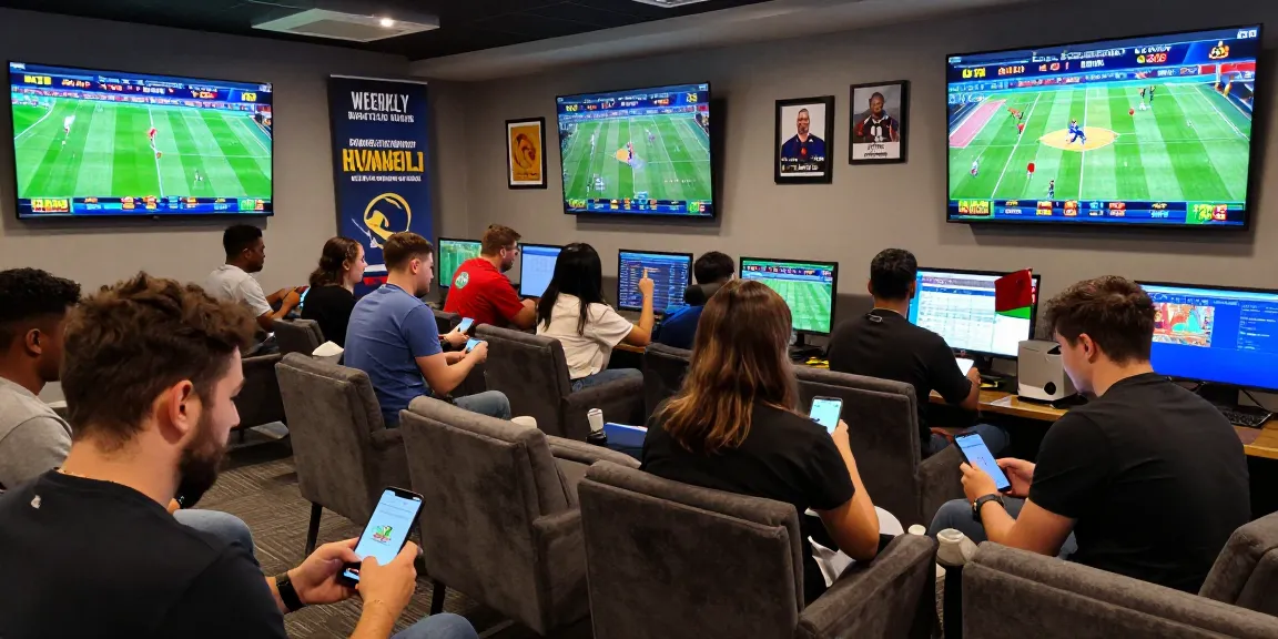 Engaged bettors enjoying real-time sports betting at BOLA88 sportsbook with dynamic screens and vibrant atmosphere.