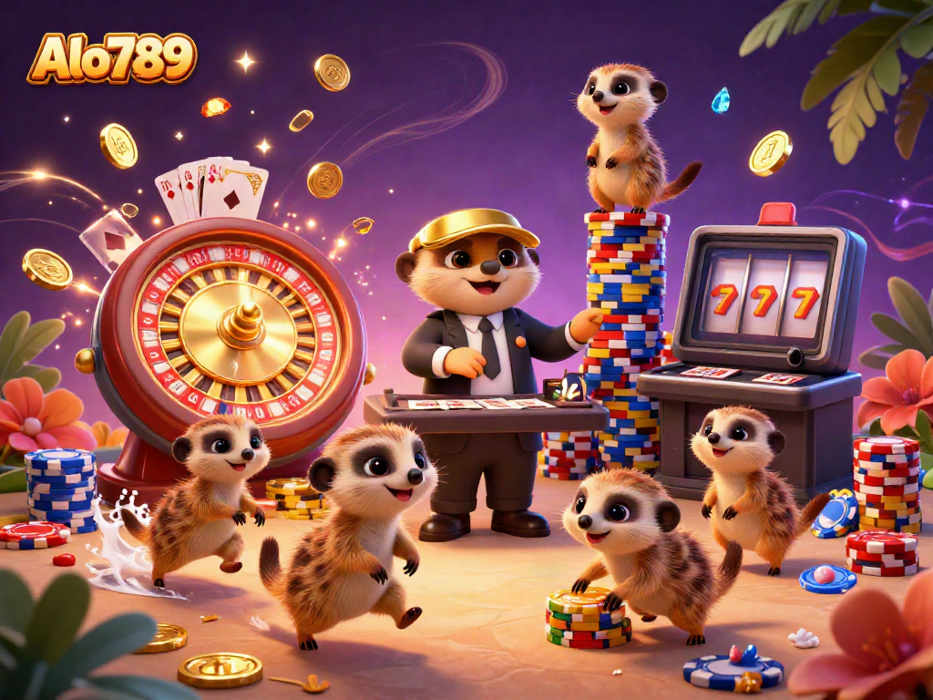 Alo789 meerkats running a lively cockfighting casino with golden coins and vibrant game elements.