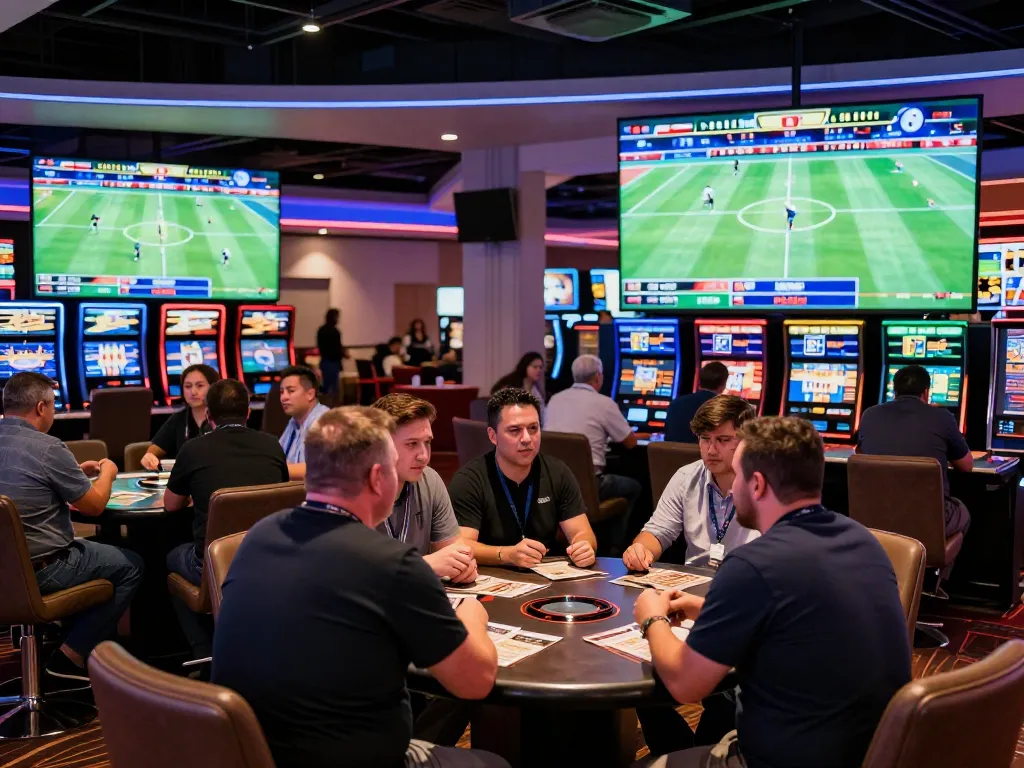 Engaging scene of sports betting at a casino showcasing SC 88 with bettors discussing their strategies and excitement