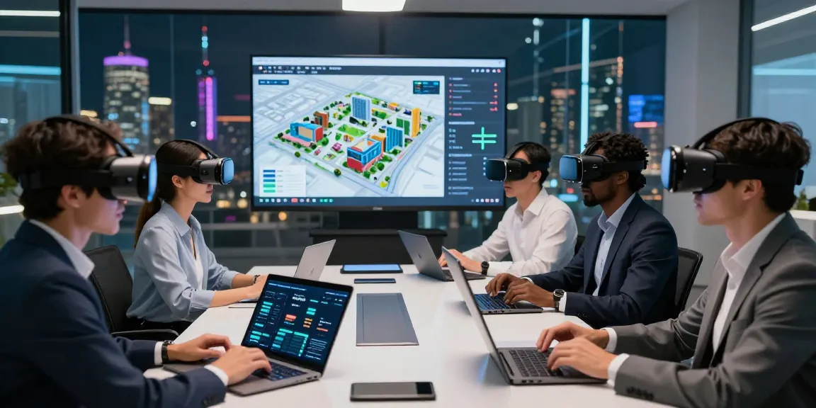 Collaboration of professionals exploring rokok88 virtual properties in a high-tech meeting room.