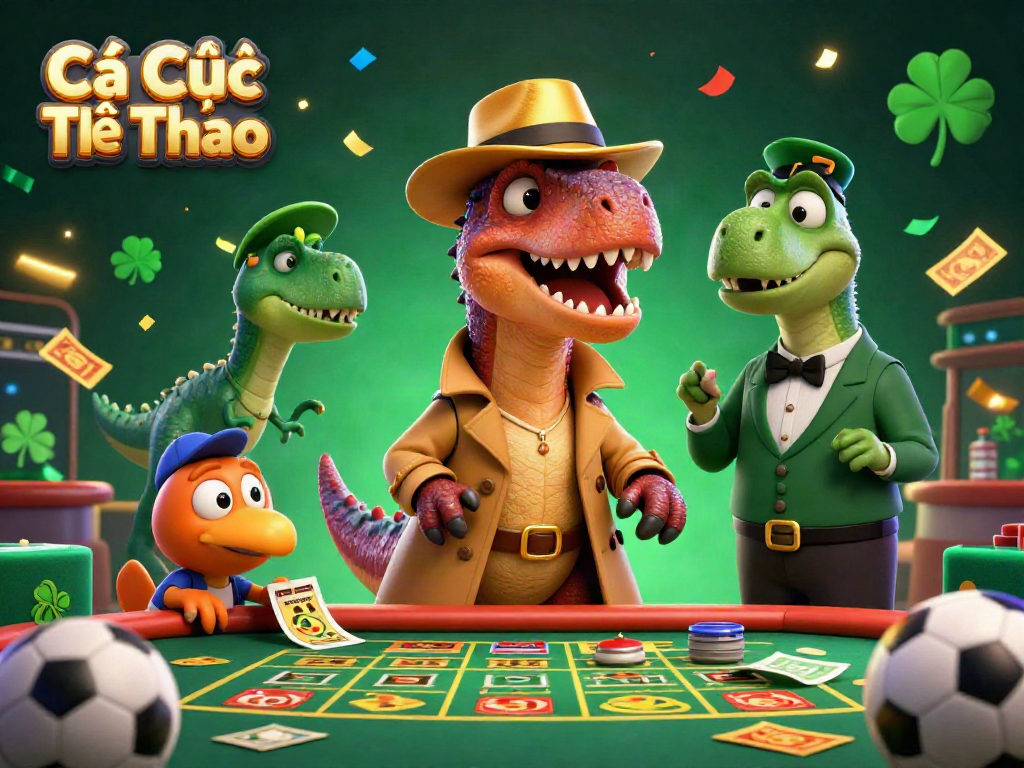 Engaging sports betting scene with Cá Cược Thể Thao characters at a betting table filled with slips.