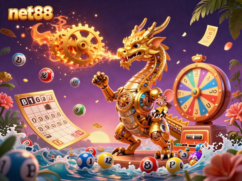 Engage with net88's exciting online casino through vibrant scenes of dynamic golden dragons and colorful lottery elements.