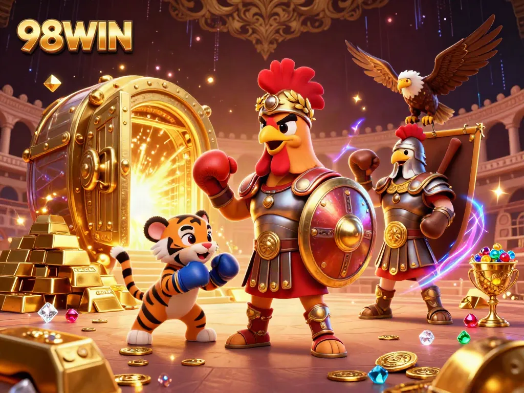 Experience the thrill of 98WIN with a gladiator rooster and treasures in a vibrant casino arena.