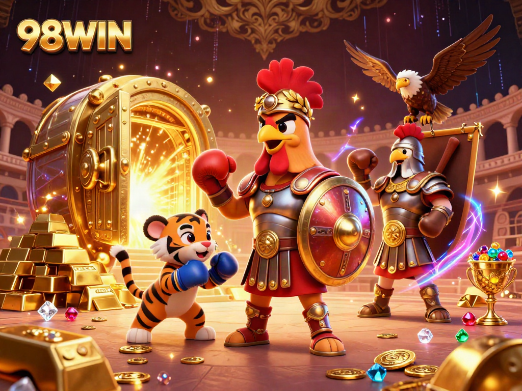Experience the thrill of 98WIN with a gladiator rooster and treasures in a vibrant casino arena.