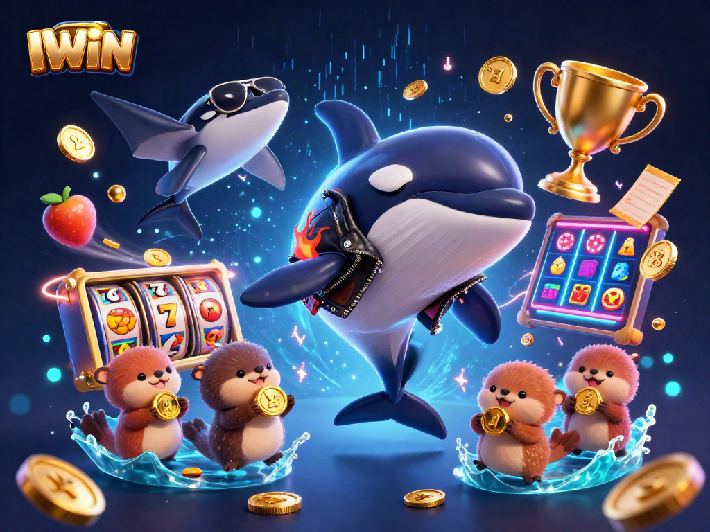 IWIN slot gaming scene featuring a dynamic orca and sea creatures celebrating wins with golden coins