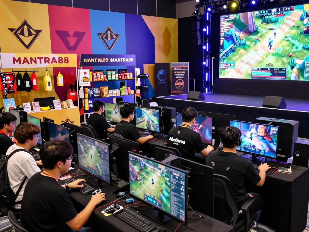 Exciting MANTRA88 gaming festival scene with players and colorful displays