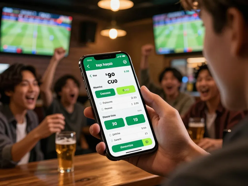 Engaging sports betting on kèo nhà cái through smartphone in a lively sports bar environment