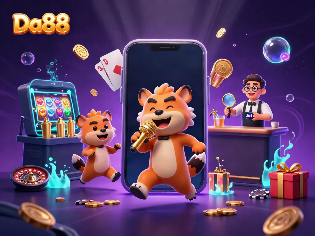 Engage in exciting casino activities at Da88 with a comedian hyena, bartender, and bouncer in a rich environment.