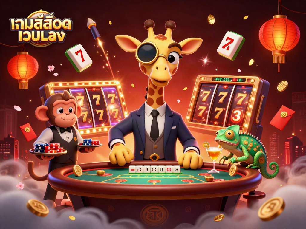 เล่นเกมสล็อตเว็บตรงในบรรยากาศคาสิโนหรู มีตัวละครการ์ตูนและสัญลักษณ์โชคดี