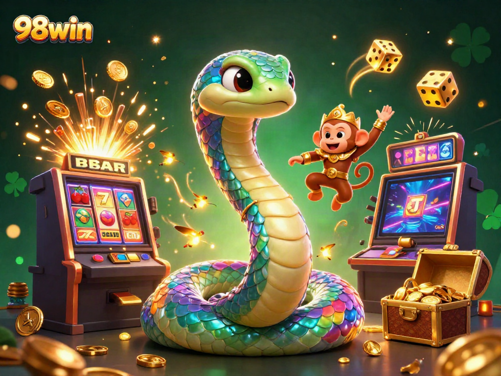Experience the thrill of 98win with vibrant jackpot celebrations and playful characters in action.