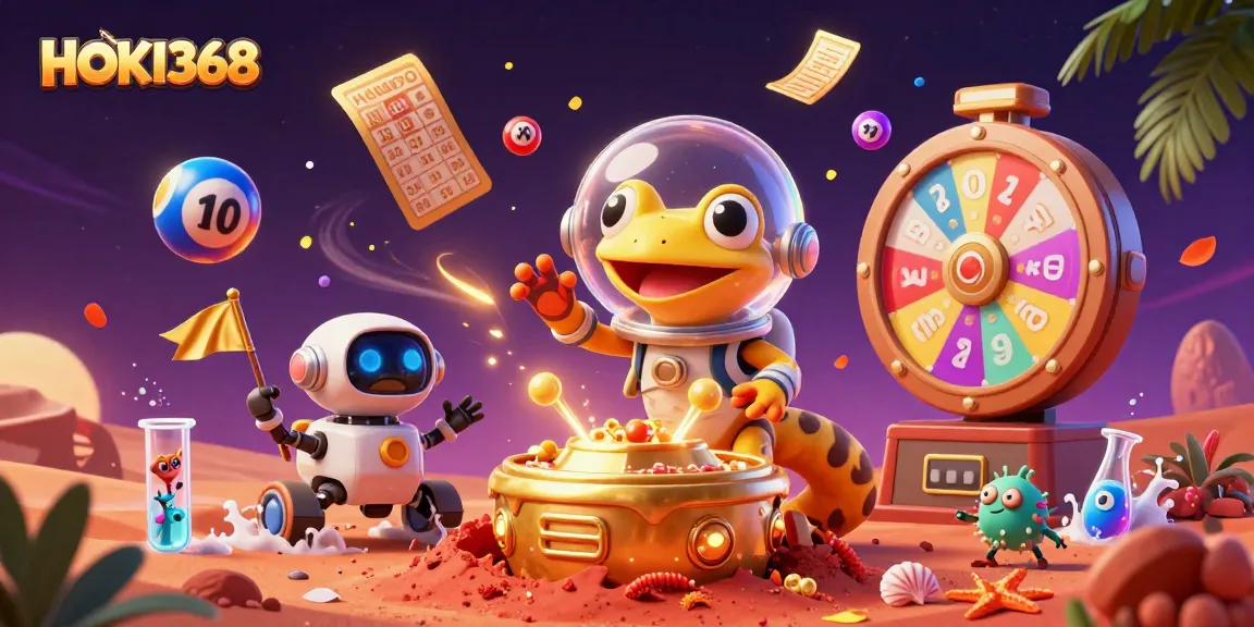 HOKI368 celebrates big wins with Martian gecko discovering a golden casino in a vibrant cosmic scene.