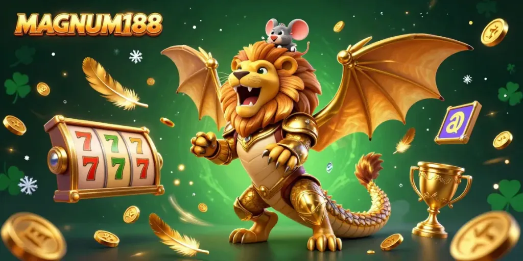 Experience winning thrills with MAGNUM188 in this animated scene filled with golden reels and vibrant casino elements.
