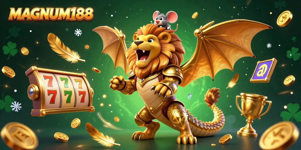 Experience winning thrills with MAGNUM188 in this animated scene filled with golden reels and vibrant casino elements.