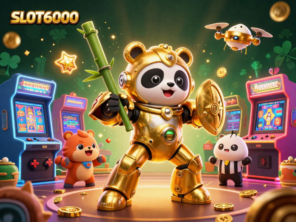 SLOT6000 golden panda pilot wins at the casino with colorful arcade machines around