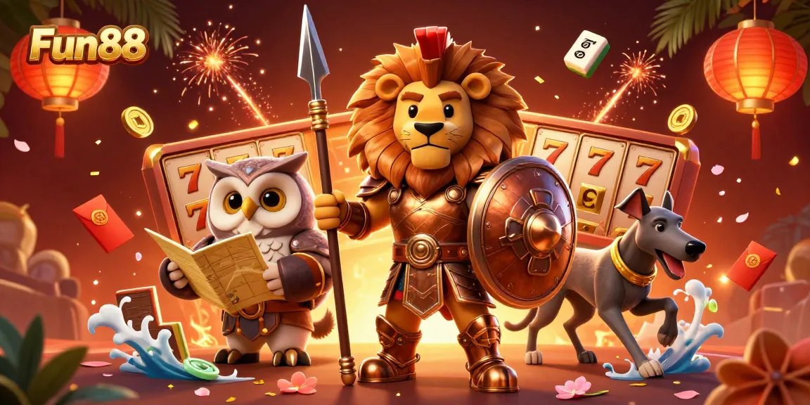 Experience fun at Fun88 with a dynamic 3D casino scene featuring exciting slot elements and festive decorations.