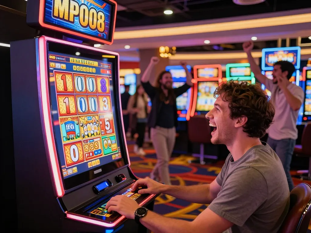 MPO08 SLOT player celebrating a big win on a colorful machine in a lively casino atmosphere