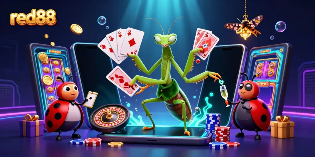 Experience winning action at red88 with a giant praying mantis card sharpy and ladybug pit boss in a vibrant casino.