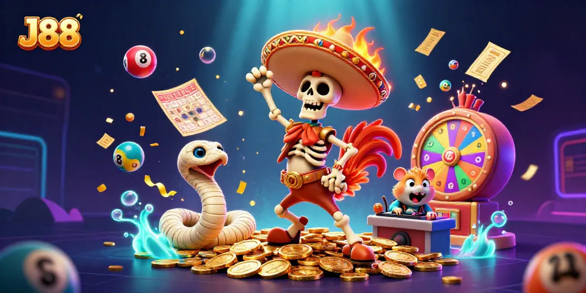 Experience the vibrant action at J88, featuring a lively skeleton mariachi rooster and dynamic gaming elements.