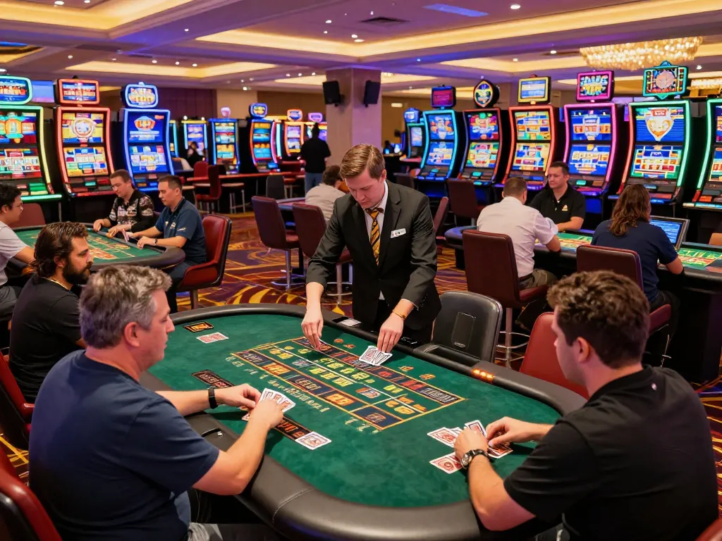 Engaged players enjoying the thrilling atmosphere at the Trang chủ MM88 casino floor, surrounded by vibrant games and dealers.