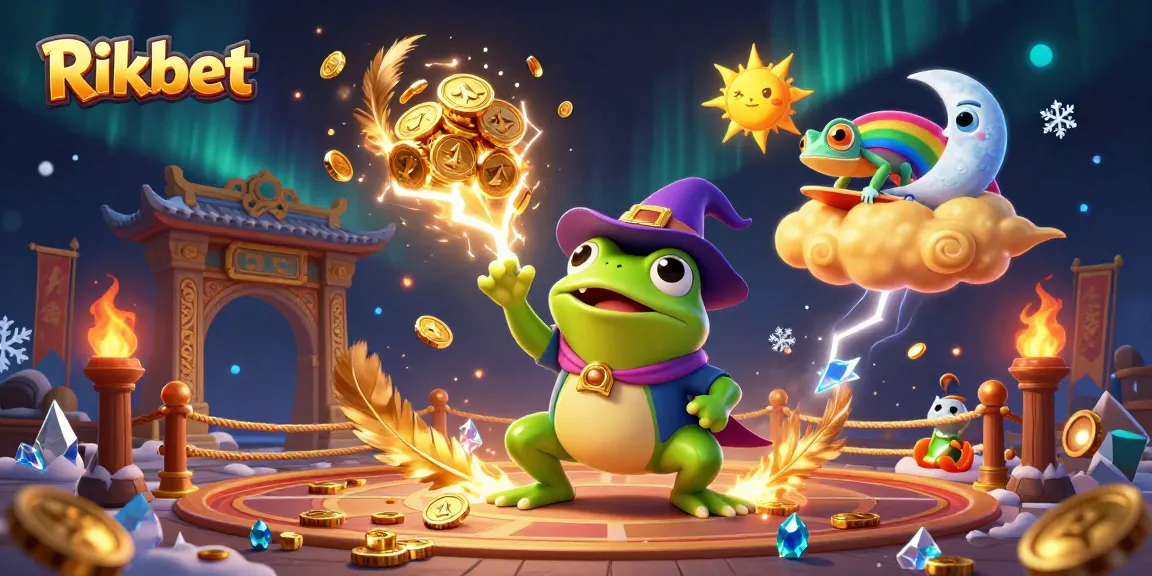Rikbet features a whimsical scene with a wizard frog and vibrant chameleon amidst golden coins.