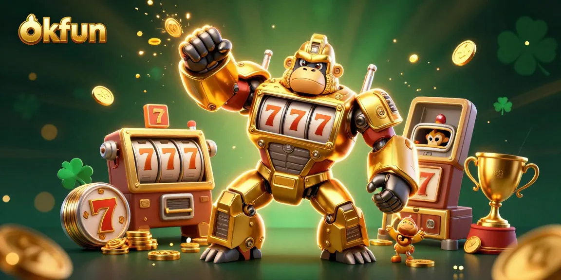 Spin to win with okfun at the thrilling casino, featuring an explosive golden gorilla mech.
