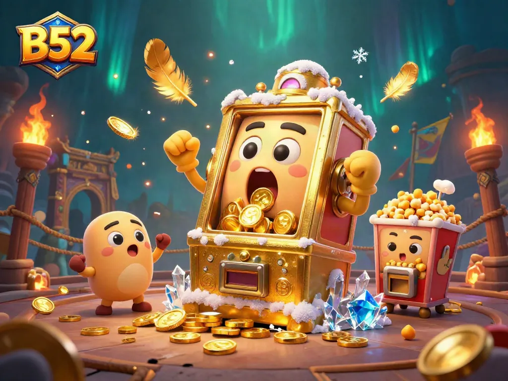 B52 slot machine hitting a jackpot amidst gold coins and cheering baby slots in a vibrant casino scene.
