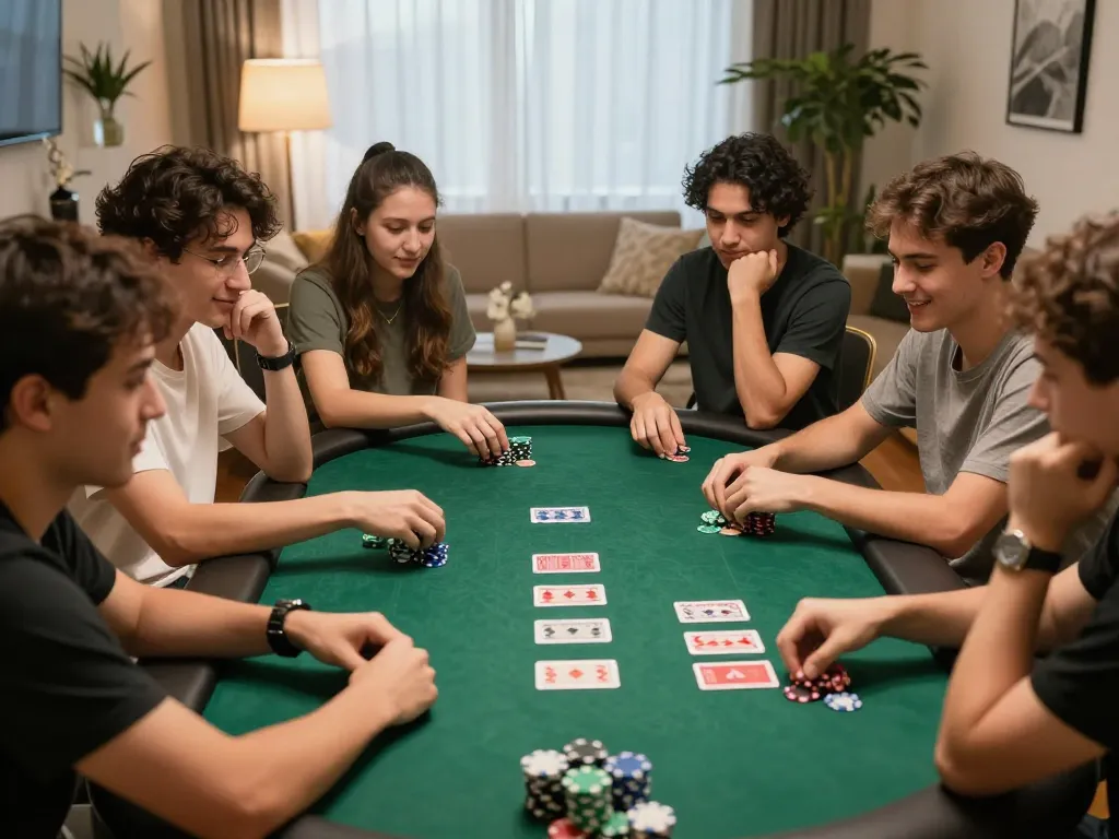 Friends enjoying poker night at home with 78wingo chips and cards visible, creating a lively gambling atmosphere