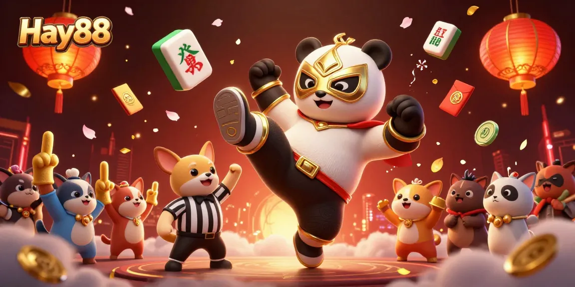 Experience excitement with Hay88's animated scene featuring a panda wrestler amidst festive casino elements.