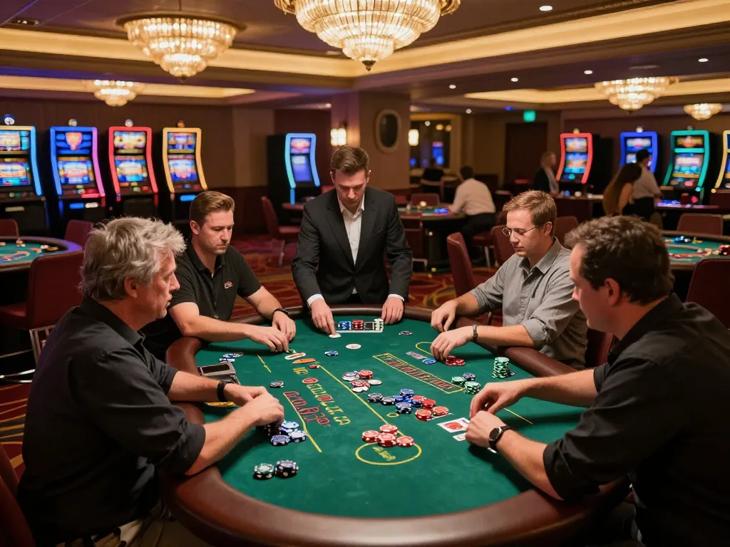 Các người chơi LUCK8 đang đặt cược tại một bàn blackjack sôi động trong không gian casino sang trọng.