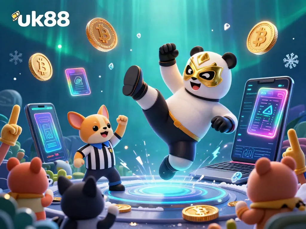 Experience the excitement at uk88 as the panda wrestler performs an epic kick surrounded by crypto-themed elements.
