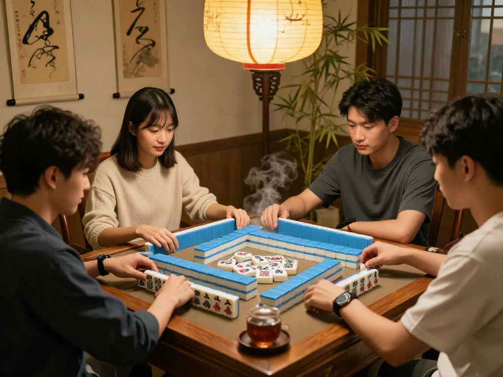 Engaged friends playing MAHJONGJP88 Official game around a wooden table, enjoying a cozy atmosphere.