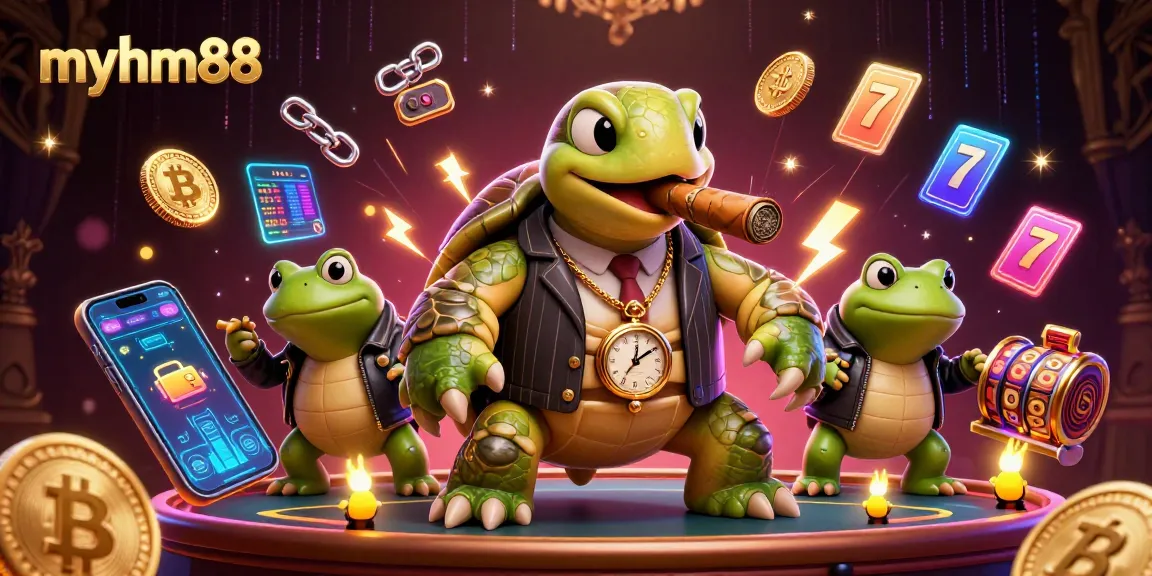 Engage in thrilling gaming with myhm88, featuring vibrant visuals of slot reels and crypto elements.