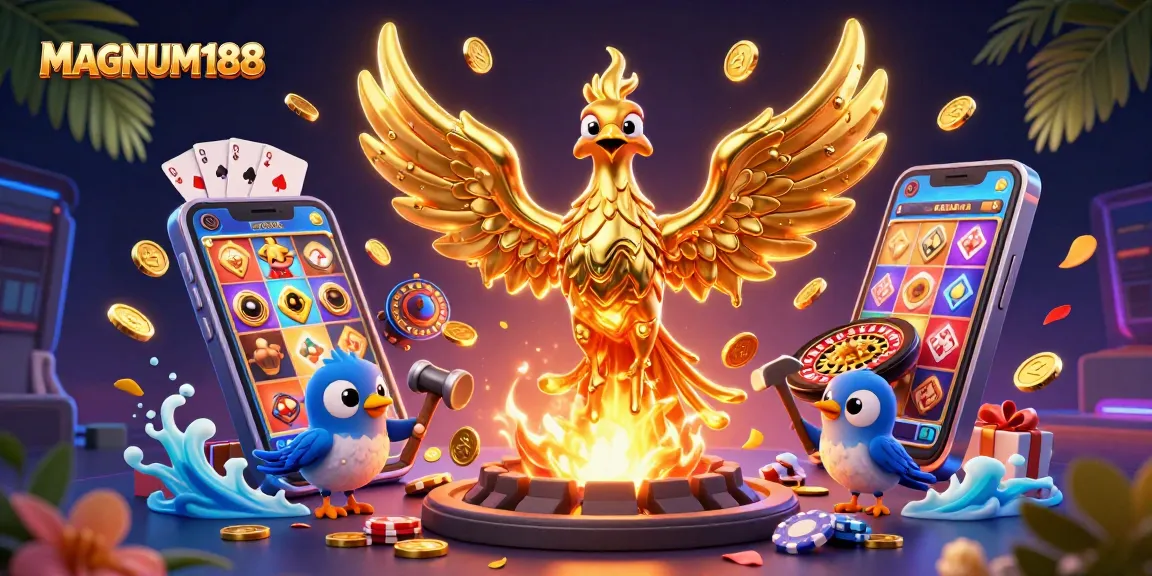 Experience winning with MAGNUM188 as golden coins cascade from a molten phoenix in this vibrant casino scene.