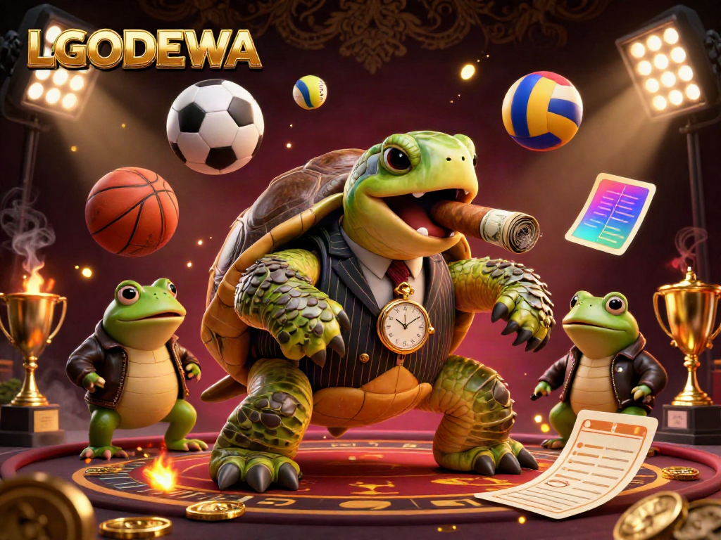 Engage with LGODEWA's thrilling casino scene featuring a mobster turtle and bullfrog enforcers.