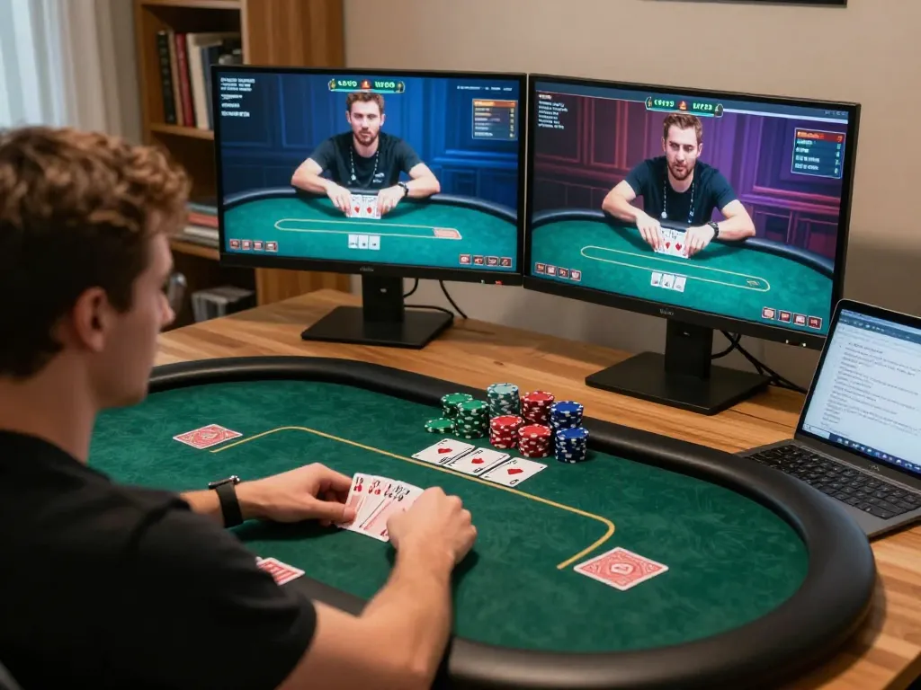 Player engaged in an online poker game on 23win, showcasing strategic gameplay at home.