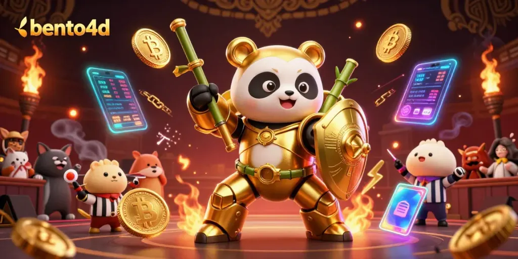 Bento4d showcases an electrifying gambling arena with a mech-suit panda engaged in intense battles.
