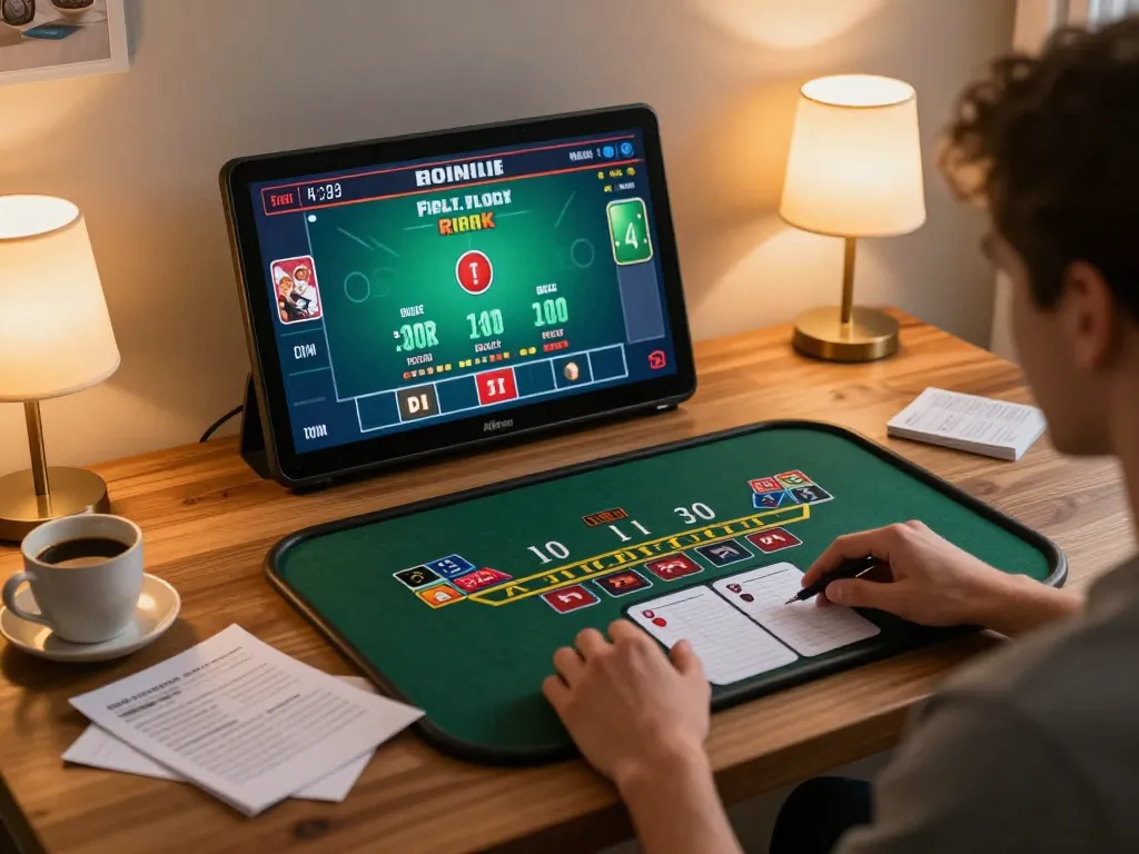 Engaging GK88 online blackjack gameplay on tablet, showcasing strategic betting notes and cozy home atmosphere.