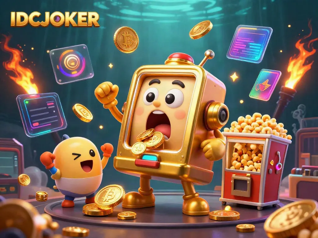 IDCJOKER slot machine's jackpot explosion with coins, crypto coins, and playful baby machines