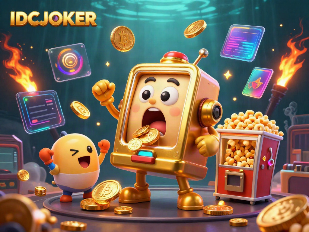 IDCJOKER slot machine's jackpot explosion with coins, crypto coins, and playful baby machines