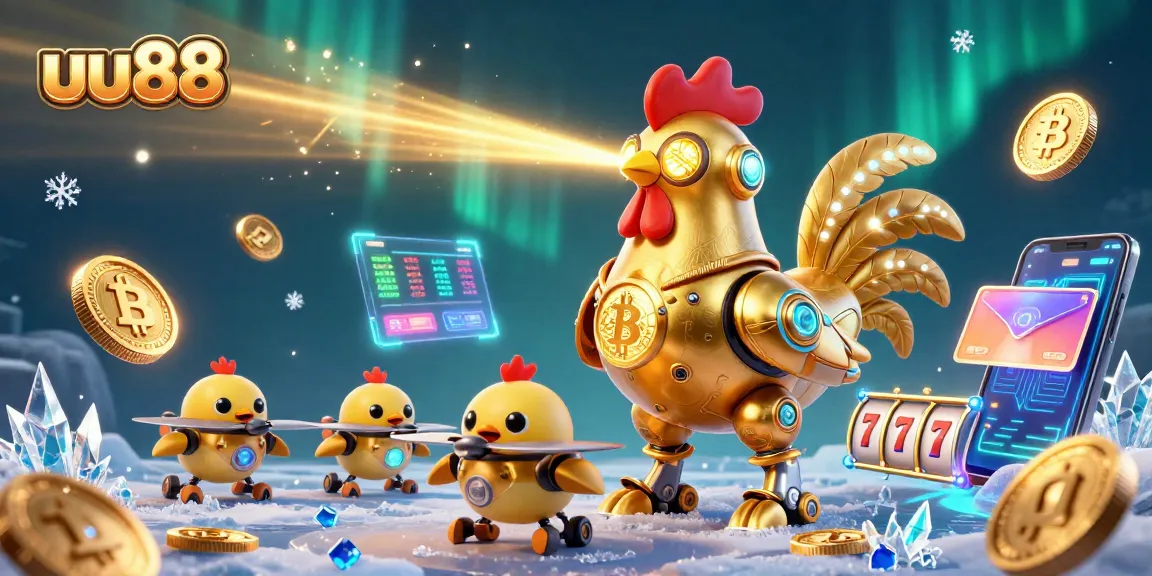 Experience thrilling gaming at uu88 with a vibrant 3D casino scene featuring golden rooster robots.