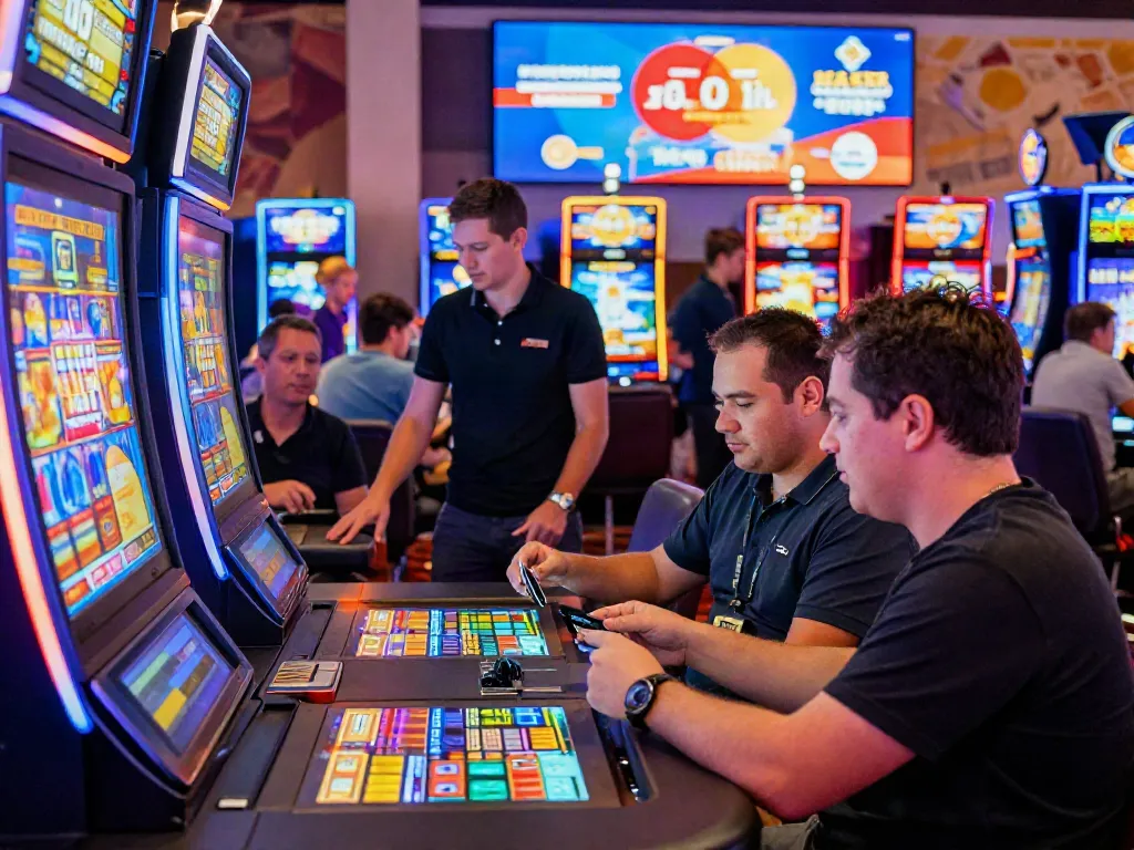 Players enjoying gaming at mastercard casinos, using credit cards for deposits in a vibrant casino atmosphere.