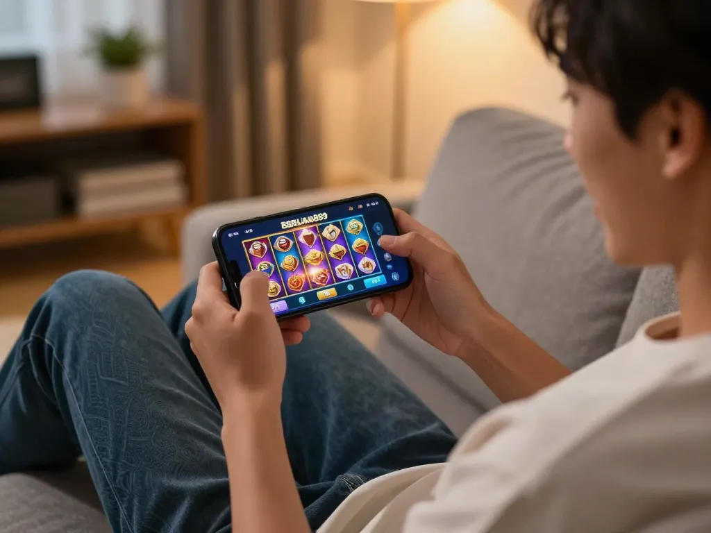 Engaged player exploring BERLIAN889 Slot on mobile, showcasing excitement and easy access to online gaming.