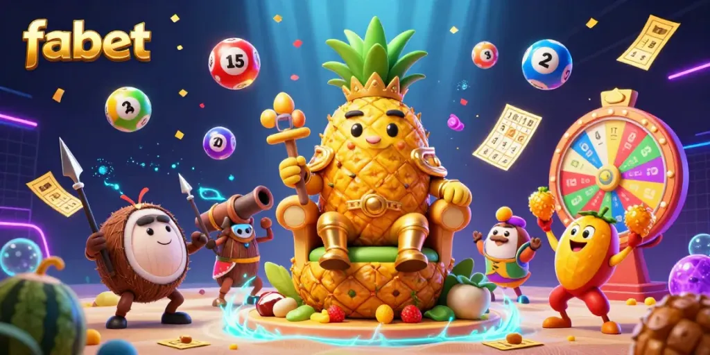 Experience the vibrant gambling world of fabet with golden characters amid colorful lottery balls and dynamic elements.