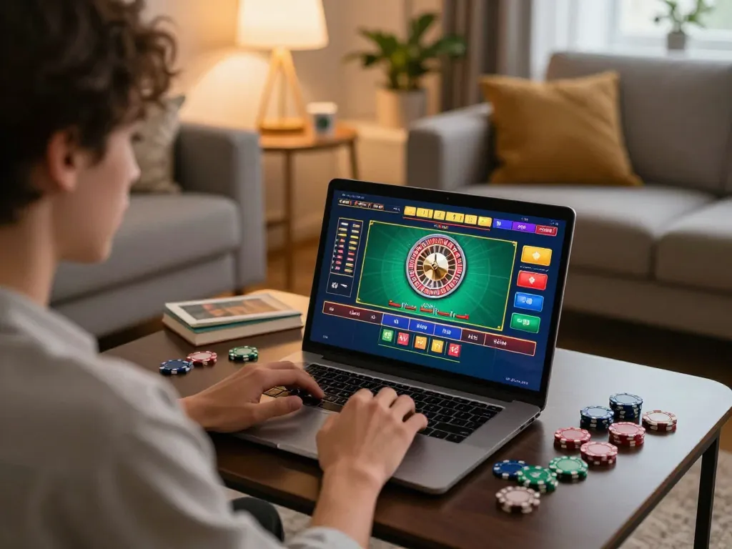 Engaging moment of sunwin player enjoying online roulette at home with betting chips visible.